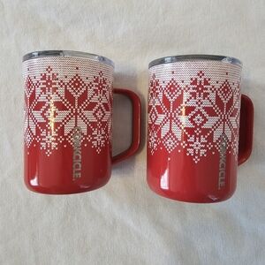 Set 2 Corkcicle Fair Isle Red Holiday Coffee Mug Triple Insulated Non-Slip 16oz.
